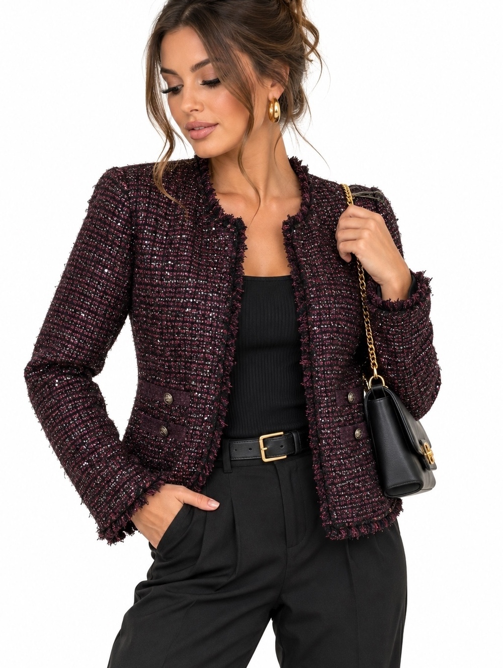 White House Black Market Plum Sequin Tweed Fringe Blazer Jacket Size 6